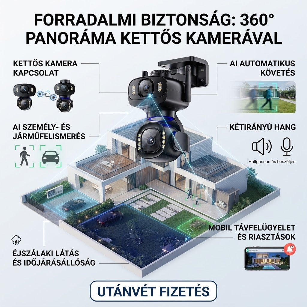 360°-os panorámavédelem｜Kétkamerás, színes éjjellátó intelligens kültéri biztonsági kamera